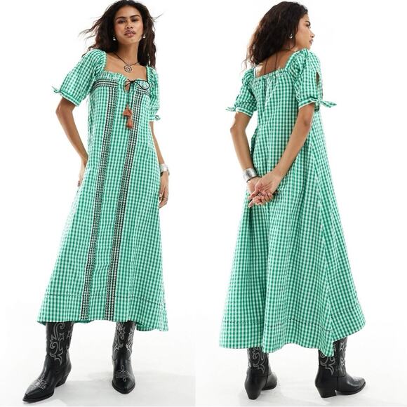 Free People Bohemian Embroidered Gingham Seersucker Cass Maxi Dress Green Small - Picture 5 of 16